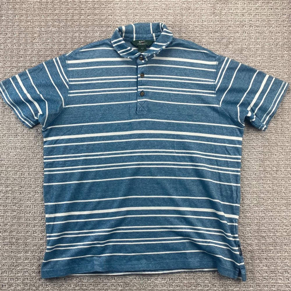 Woolrich Polo Shirt Men Large L Blue White Striped Casual Golf Buttons Cotton